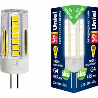 Лампа светодиодная UNIEL LED-JC-220/5W/3000K/G4/CL GLZ09TR картон Лампа светодиодная UNIEL LED-JC-220/5W/3000K/G4/CL GLZ09TR картон