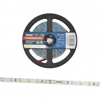 Светодиодная лента UNIEL ULS-2835-60LED/m-8mm-IP20-DC24V-6W/m-5M-WW катушка в герметичной упаковке Светодиодная лента UNIEL ULS-2835-60LED/m-8mm-IP20-DC24V-6W/m-5M-WW катушка в герметичной упаковке